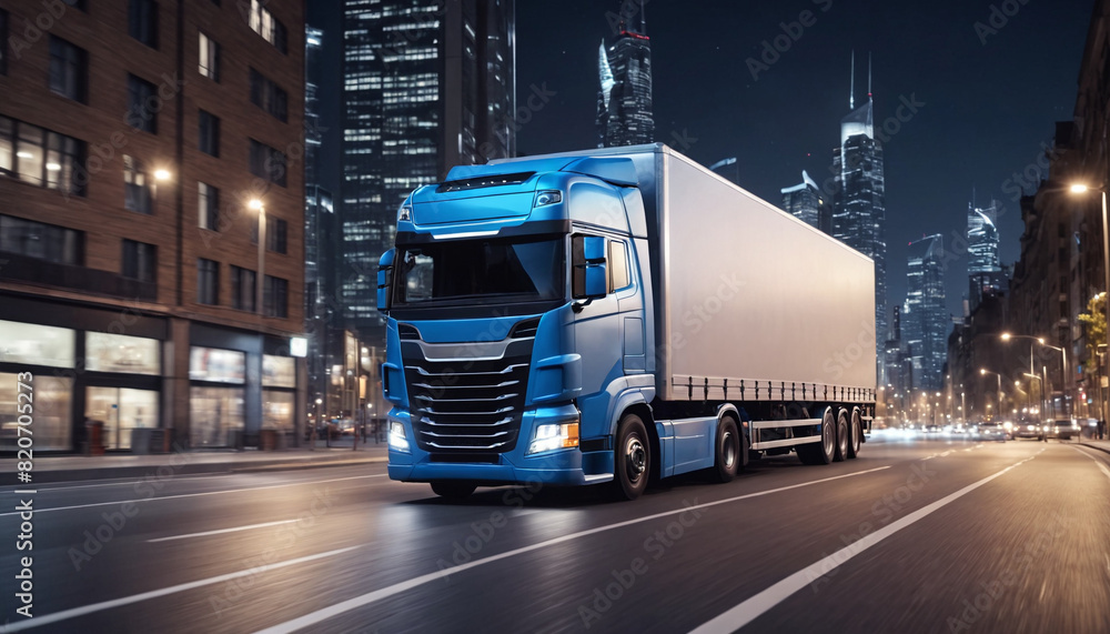 A truck and trailer drives through the city at night, delivering important cargo to businesses. Logistics and international cargo transportation. Truck is driving fast with a blurry environment.