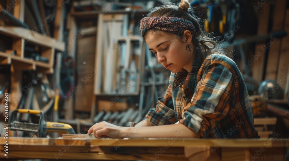 A Craftswoman Measuring Wood Carefully