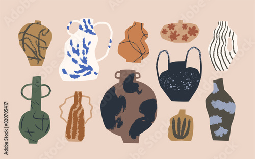 Modern pottery set. Trendy flower vases, ceramics collection. Ancient hand-made jugs, pots in abstract shapes, artistic creative designs, style. Handmade clay crockery art. Flat vector illustrations