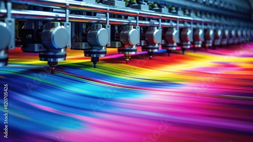 Colorful high-resolution photo of a large format wide-angle vinyl wrap printer in action, printing colorful geometric patterns on fabric and plastic materials