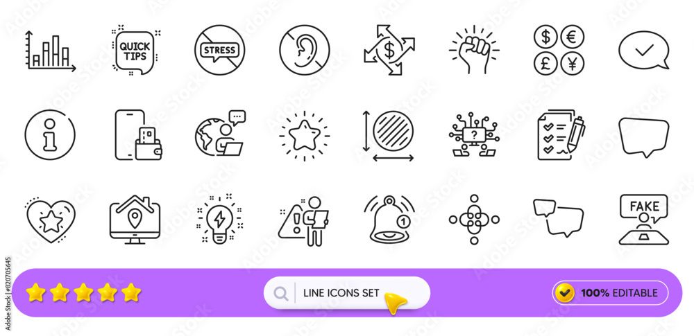 Circle area, Phone wallet and Teamwork question line icons for web app. Pack of Inclusion, Info, Reminder pictogram icons. No hearing, Speech bubble, Outsource work signs. Star. Search bar. Vector