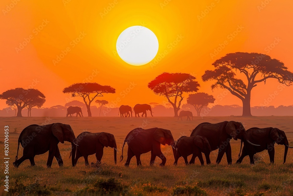 Elephant herd silhouetted by setting sun crossing dry grass field with trees in foreground