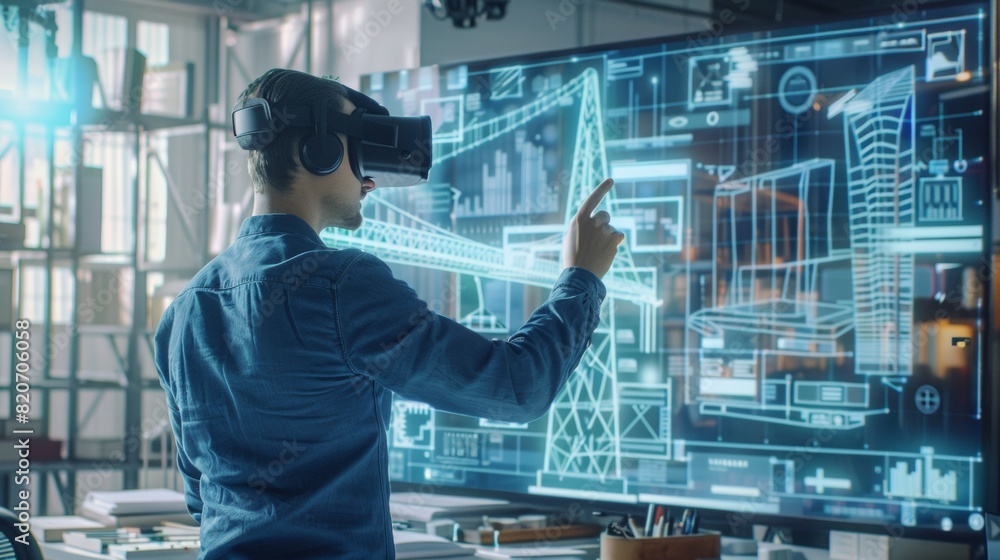 Fototapeta premium An architect is using VR technology to design a bridge, technical drawing, look upon huge virtual screen