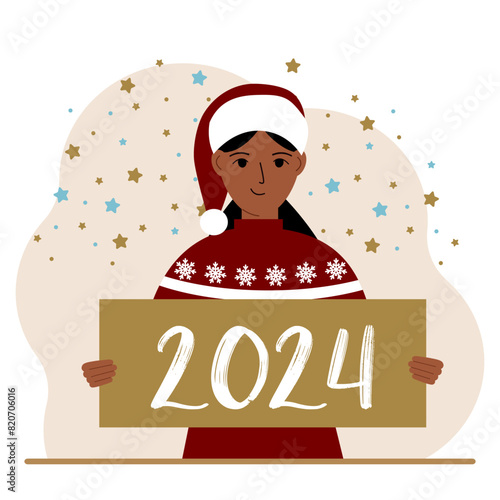 A woman in a Christmas red hat with snowflakes holds a Happy New Year 2024 card.