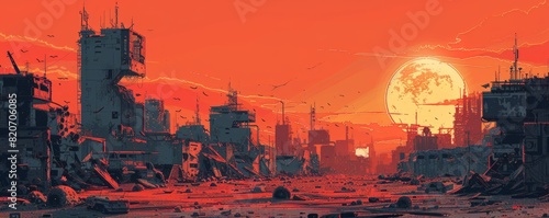 A cybernetic wasteland where the remnants of humanity struggle to survive amidst the ruins of their once-proud civilization, battling against machines and mutants alike.   illustration. photo