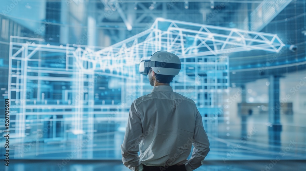 Fototapeta premium An architect is using VR technology to design a bridge, technical drawing, look upon huge virtual screen