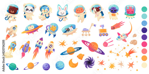 Big Space animal and ufo alien set. Panda, Dog, fox, tiger, cat in spacesuit, galaxy bundle. Astronauts, spaceship, cartoon animal. Vector illustration for kids design © Foxelle