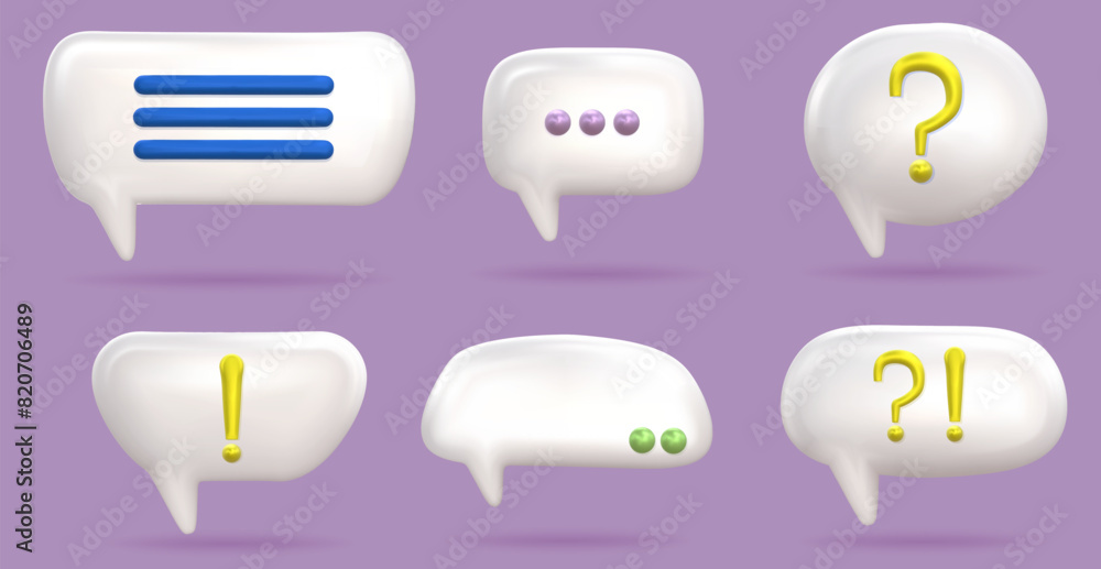Fototapeta premium 3d dialogue bubble various cloud set with different sign. White speak balloon for social media. 3d speech box render vector.