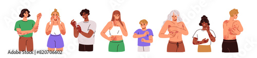 Skin diseases set. Suffering from itch, rash, eczema, allergy, inflammation, dermatitis. People scratching itchy red spots on body. Flat graphic vector illustration isolated on white background