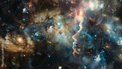 A colorful space scene with a person in the middle by AI generated image