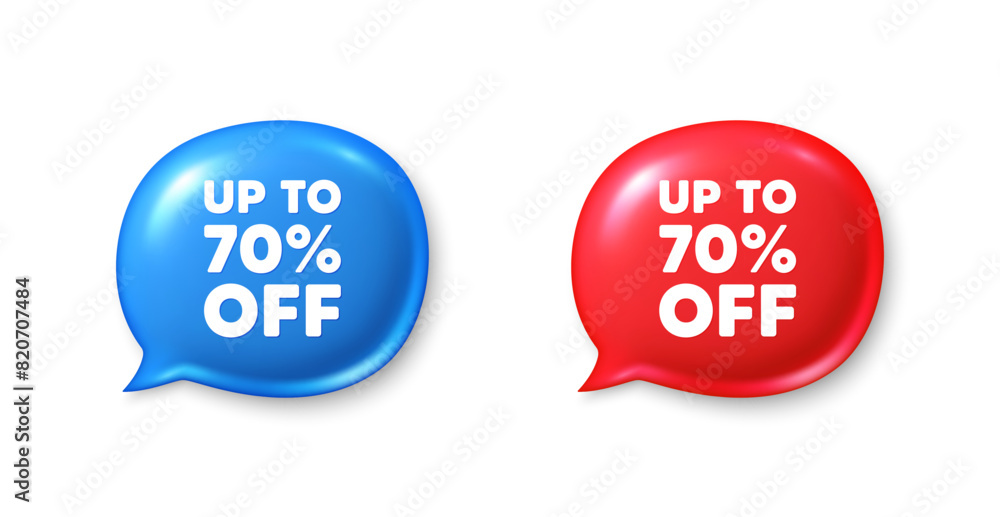 Up to 70 percent off sale. Chat speech bubble 3d icons. Discount offer price sign. Special offer symbol. Save 70 percentages. Discount tag chat offer. Speech bubble banners set. Vector Up to 70 percent off sale. Chat speech bubble 3d icons. Discount offer price sign. Special offer symbol. Save 70 percentages. Discount tag chat offer. Speech bubble banners set. Vector