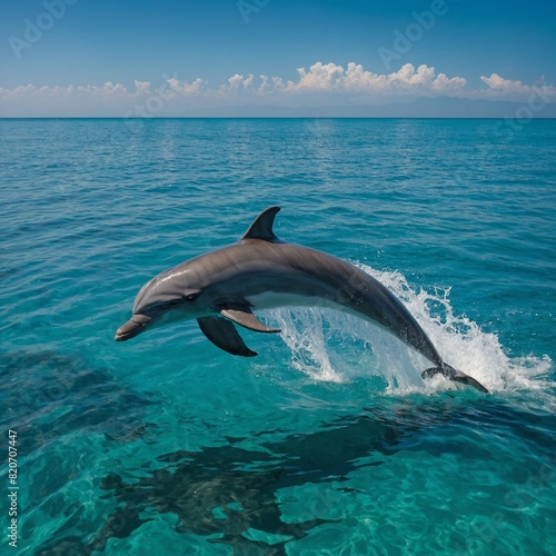 A group of dolphins jumping playfully in a turquoise sea.

