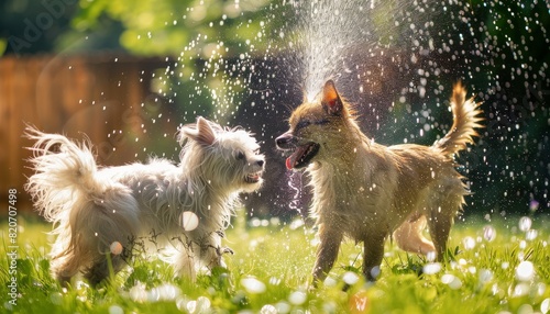 Two dogs playing in the grass with water splashing around them by AI generated image photo
