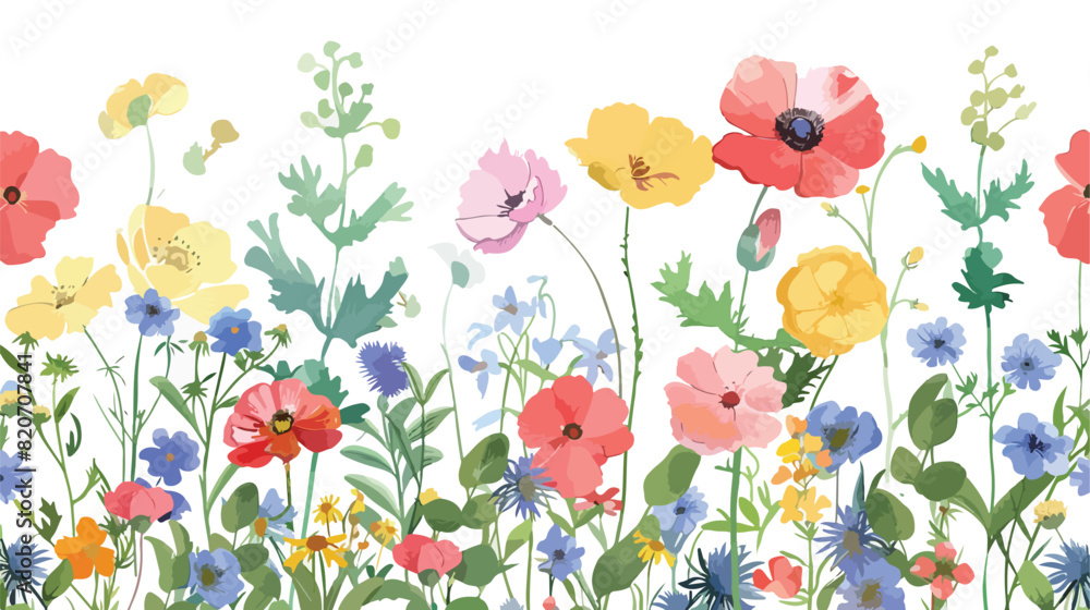 Colorful wildflower border background with watercolor