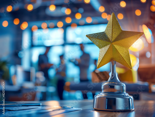 a polished star trophy, with a vibrant office celebration scene in the background photo