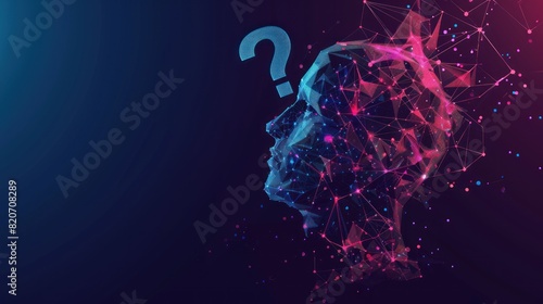 Human head with question mark form lines, triangles and particle style design AI generated
