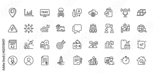 Verification document, Crowdfunding and Outsource work line icons pack. AI, Question and Answer, Map pin icons. Wallet, Confirmed, Talk bubble web icon. Timer, Fake news, Microphone pictogram. Vector