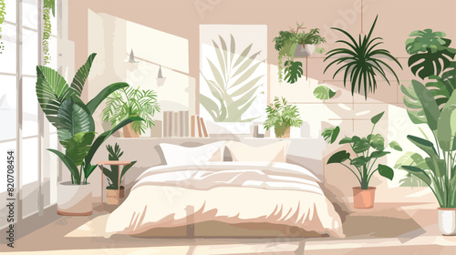 Comfortable bed and houseplants in light bedroom 