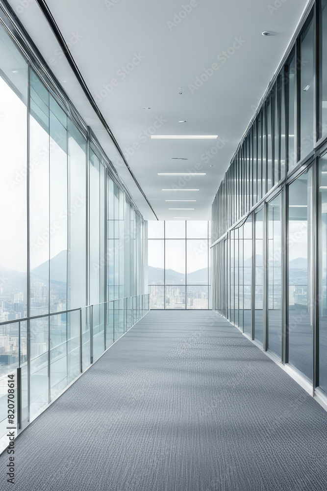 Empty office corridor with glass curtain wall, stair and light from sunlight. Modern building interior background, high key