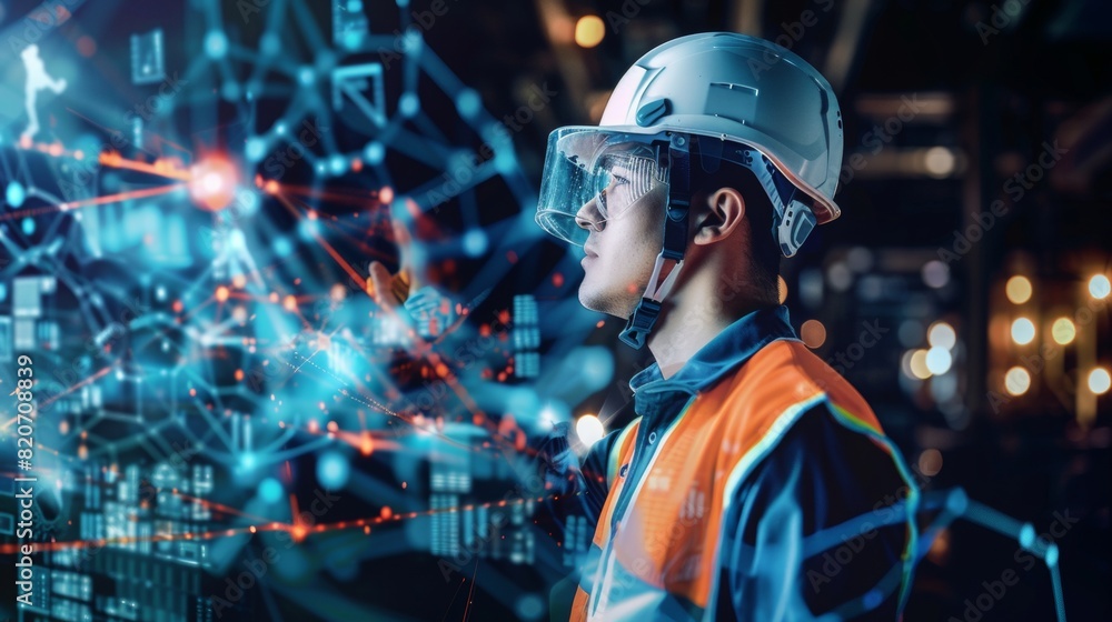 An engineer is inspecting work in a factory and wearing a safety helmet An engineer is inspecting work in a factory and wearing a safety helmet