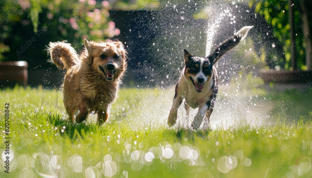 Two dogs playing in the grass with water splashing around them by AI generated image