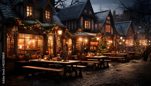 Cafe in the street at night. Christmas and New Year concept.
