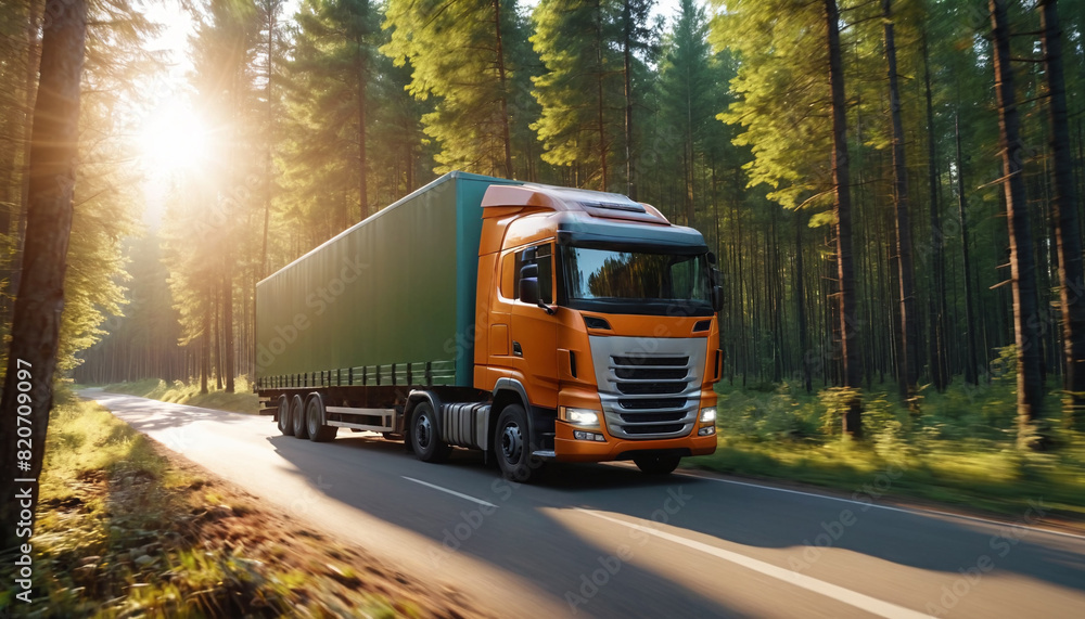 A truck with a trailer drives along a highway in a dense forest at sunset. Logistics and international cargo transportation. Truck is driving fast with a blurry environment.