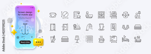 Coffee machine, Espresso and Mattress line icons for web app. Phone mockup gradient screen. Pack of Door, Entrance, Open door pictogram icons. Sconce light, Voice assistant, Floor lamp signs. Vector