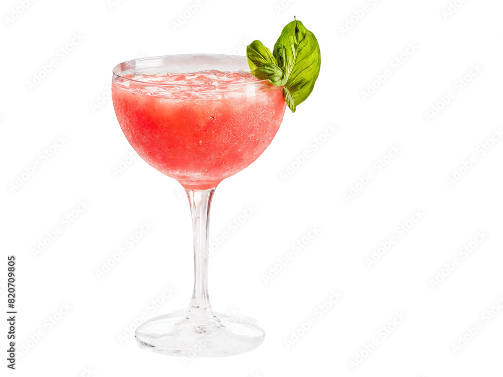 Watermelon soda in a cocktail glass watermelon balls and basil summer freshness splash in motion Watermelon soda in a cocktail glass watermelon balls and basil summer freshness splash in motion