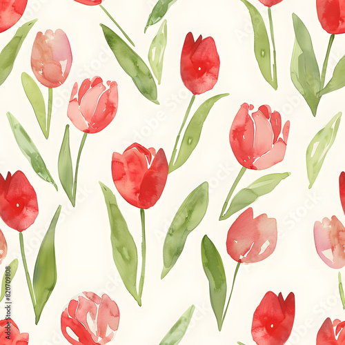 Watercolor seamless pattern with cute and doodle tulips. Red and green colors  white background