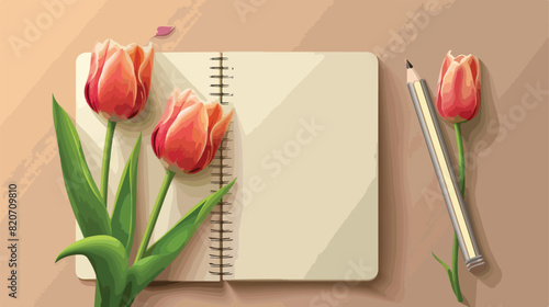 Composition with blank notebook pencil and tulips on #820709810