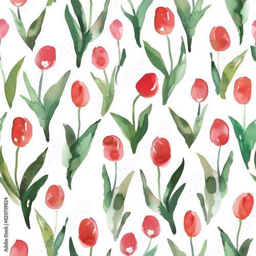 Watercolor seamless pattern with cute and doodle tulips. Red and green colors  white background