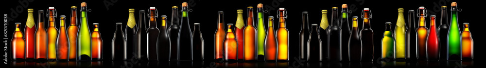 Set of beer, wine and champagne bottles isolated on black background