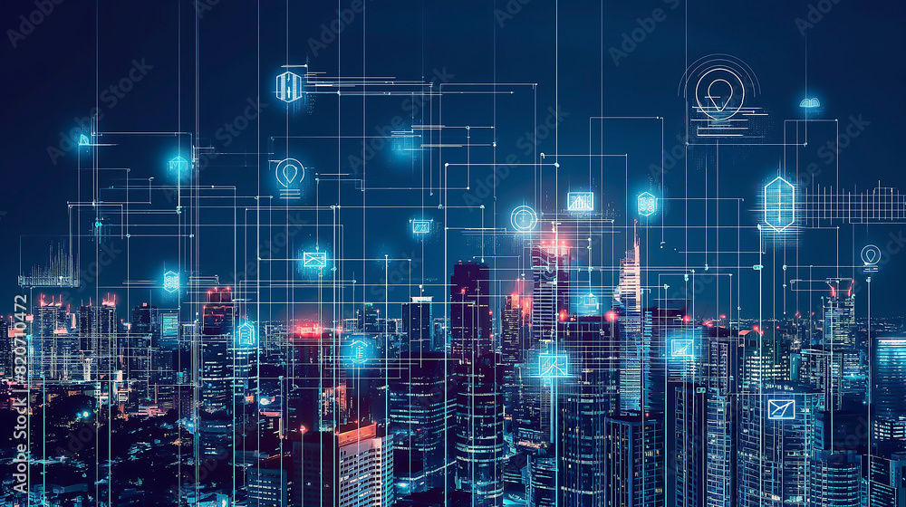 Modern smart city panorama with double exposure of immersive interface. Concept of internet of things. telecommunication network concept Modern smart city panorama with double exposure of immersive interface. Concept of internet of things. telecommunication network concept