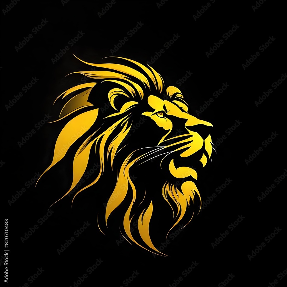 Design a bold and majestic lion logo in yellow, set against a sleek black background.
