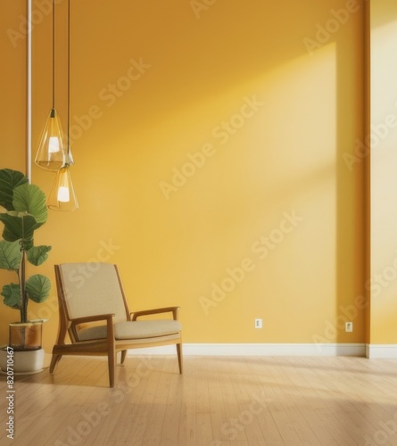 Photo of a modern interior design with a yellow wall mockup and armchair, wooden floor, minimal home decor