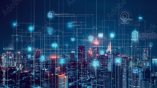 Modern smart city panorama with double exposure of immersive interface. Concept of internet of things. telecommunication network concept © Hatai