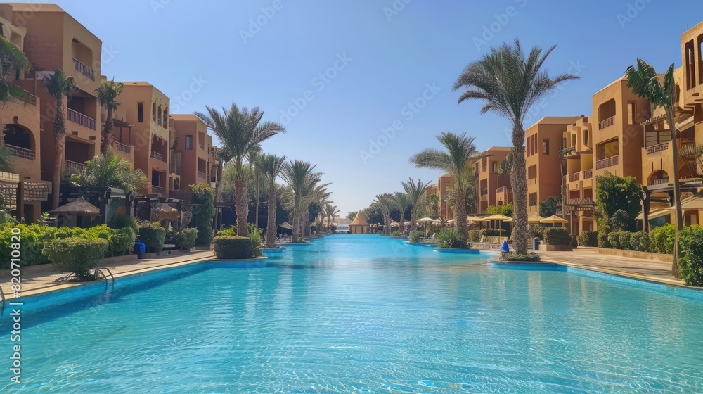 View of the swimming pool in the Stella Di Mare Gardens Resort and Spa located in Makadi Bay AI generated View of the swimming pool in the Stella Di Mare Gardens Resort and Spa located in Makadi Bay AI generated