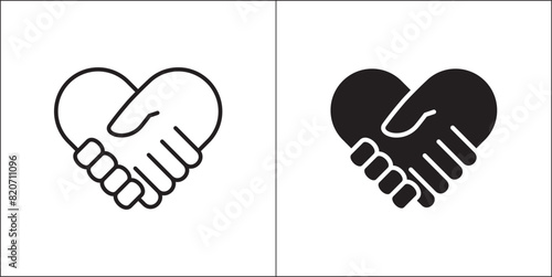 Handshake for love icon. handshake inside heart symbol. Icon for charity, donation, compassion, solidarity and humanitarian. Vector Stock logo illustration in flat and line design style.