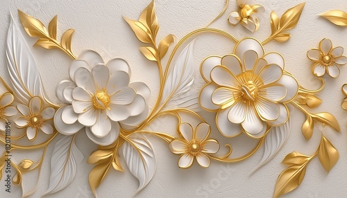 Light decorative texture of a plaster wall with voluminous decorative flowers and golden elements.
