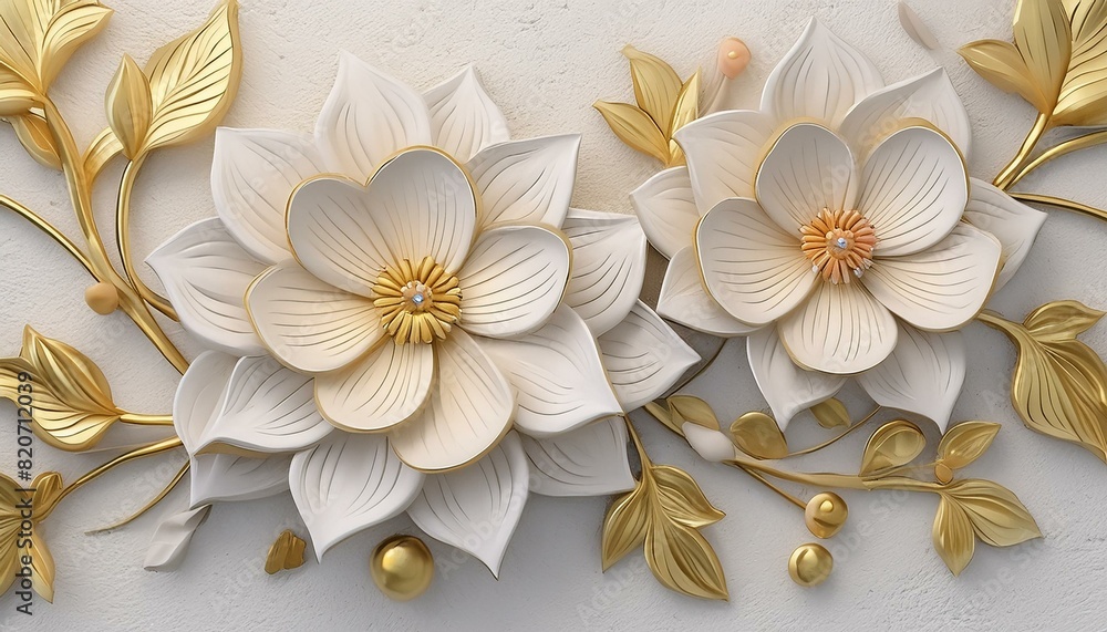 Light decorative texture of a plaster wall with voluminous decorative flowers and golden elements. Light decorative texture of a plaster wall with voluminous decorative flowers and golden elements.