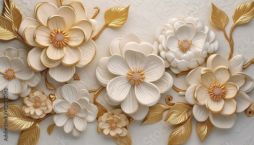 Light decorative texture of a plaster wall with voluminous decorative flowers and golden elements.