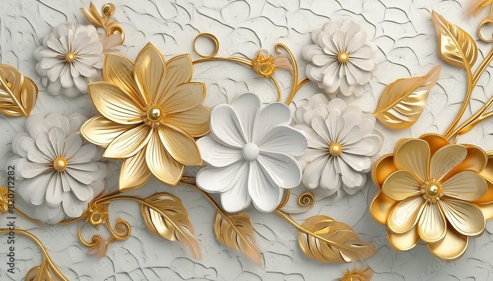 Light decorative texture of a plaster wall with voluminous decorative flowers and golden elements. Light decorative texture of a plaster wall with voluminous decorative flowers and golden elements.