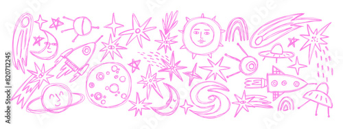 Set with space elements in doodle style. Icons of various astronomical objects. Hand drawn vector illustration.