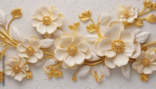 Light decorative texture of a plaster wall with voluminous decorative flowers and golden elements.