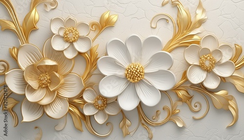 Light decorative texture of a plaster wall with voluminous decorative flowers and golden elements.