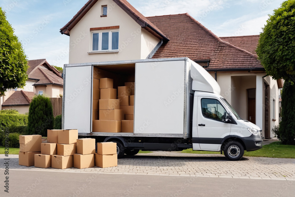 House removal truck with boxes. Van full of moving boxes and furniture near house. Relocation concept, cargo transportation.	