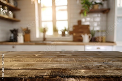 Empty beautiful wood table top counter and blur bokeh modern kitchen interior background in clean and bright Banner  Ready for product montage - Generative ai