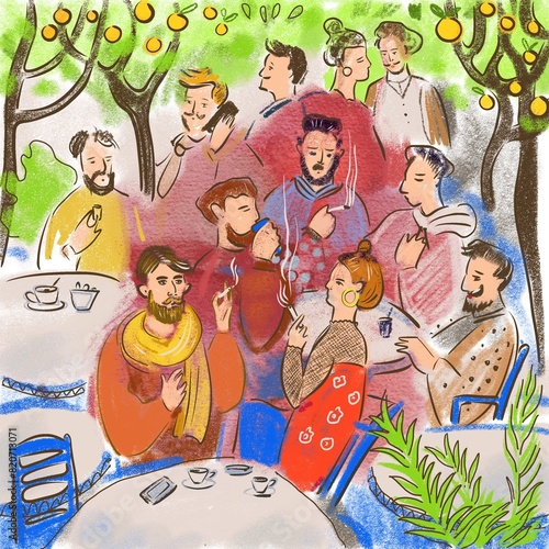 group of people in the street. people in the cafe. Hand drawn illustration. 
