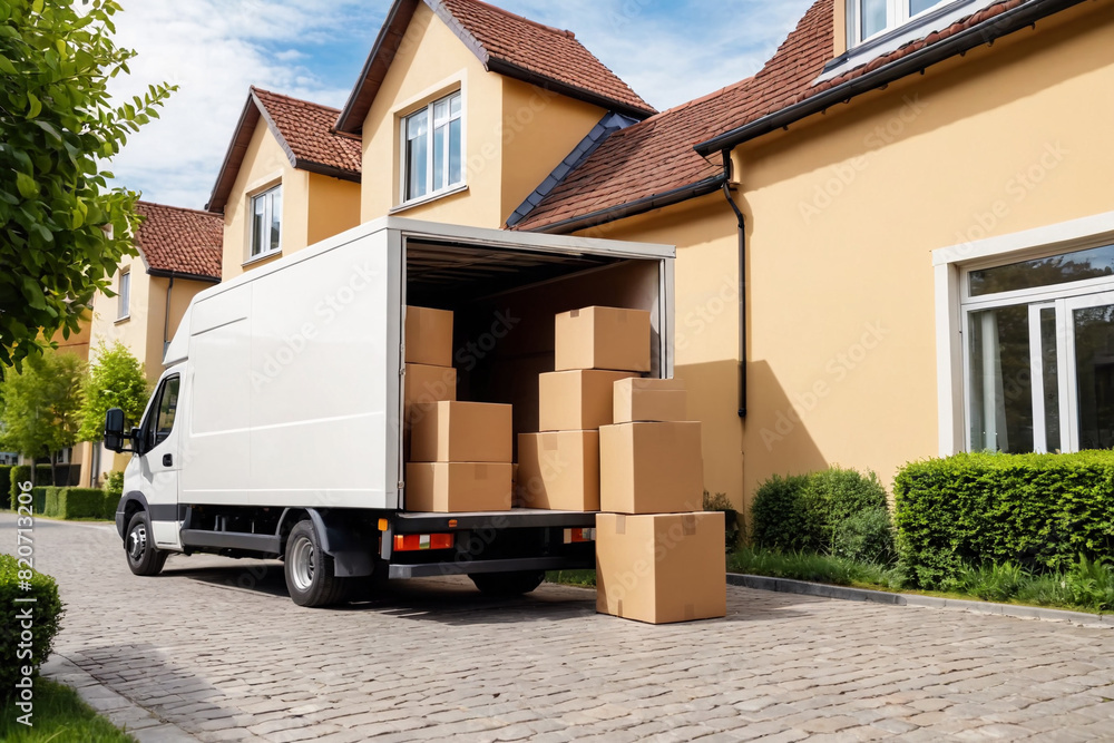House removal truck with boxes. Van full of moving boxes and furniture near house. Relocation concept, cargo transportation.	
